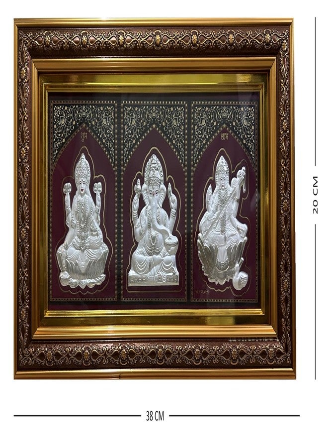 ARTSMINE - إطار ثلاثي من الفضة الخالصة عيار 999 (غانيش، لاكشمي، وساراسواتي) - إطار يُوضع على الطاولة أو يُعلق على الحائط لغرفة الصلاة، المنزل، أو معبد المكتب | هدية زفاف مصنوعة يدوياً - 38 × 20 سم (15 × 8 بوصة) - Image 3